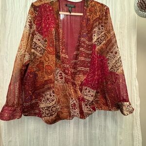 Lauren Ralph Lauren Red and Orange Graphic Long Sleeve Blouse